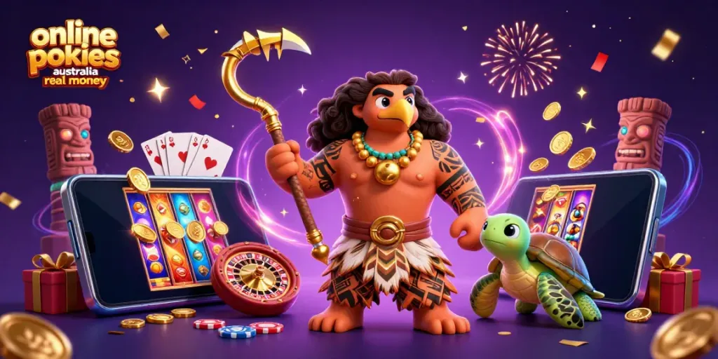 Experience winning moments with online pokies Australia real money in this vibrant, energetic illustration.
