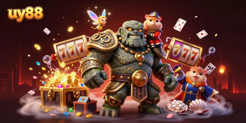 Experience the thrill of uy88 with a cartoon golem, fairy, and hamster knight among dynamic slot elements.