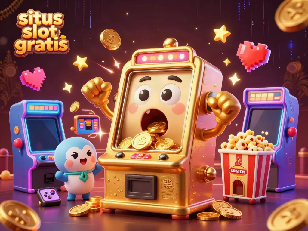 Experience the excitement of situs slot gratis with a joyful golden slot machine celebrating a jackpot.
