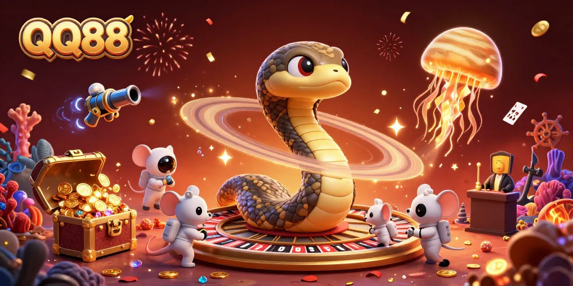 Engage with QQ88's dynamic gaming scene featuring astronauts betting on a cosmic roulette.