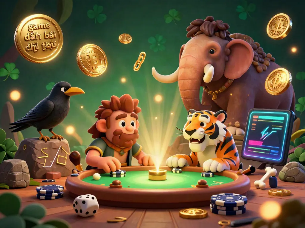 Engage in game đánh bài đổi thưởng with a vibrant prehistoric casino scene featuring cartoon characters, crypto coins, and dynamic visuals.