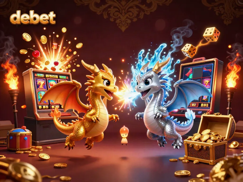 Experience the thrilling debet casino with golden and silver dragons amidst slot machines and game symbols.