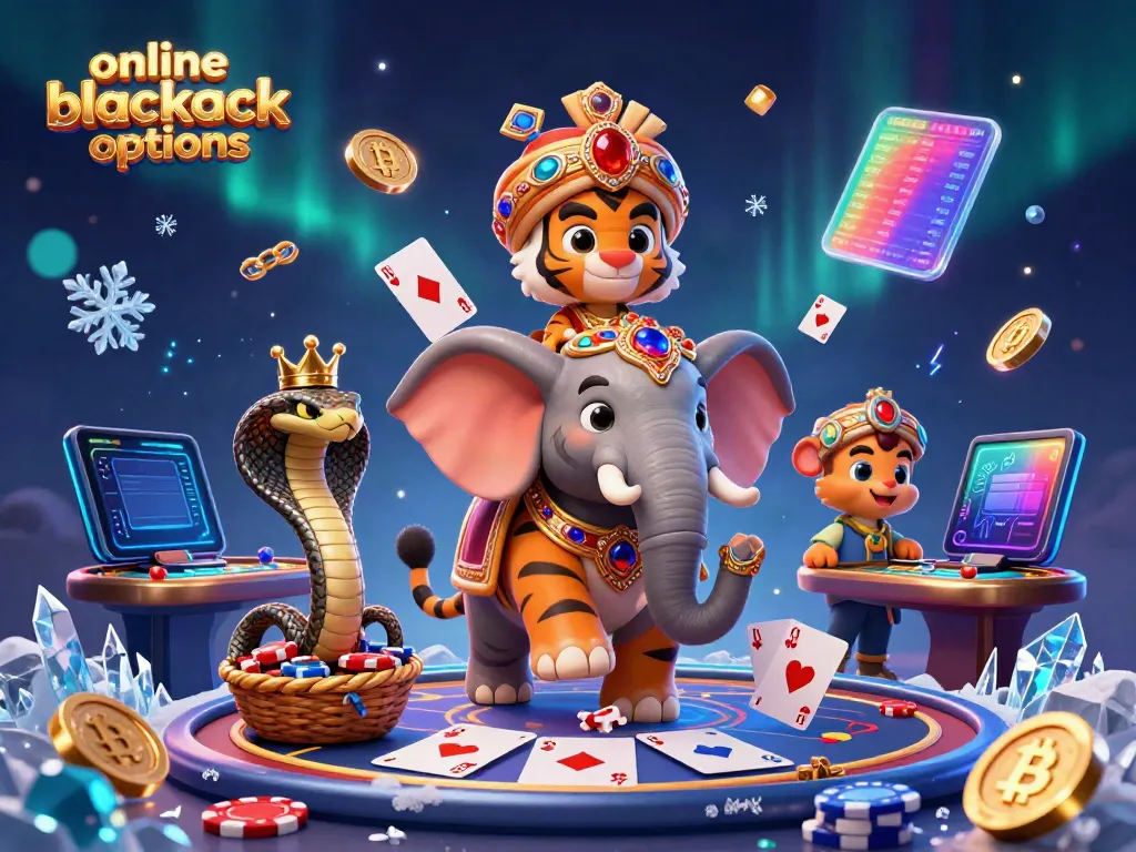 Engage with online blackjack options in this vibrant 3D scene featuring a maharaja tiger and casino elements.