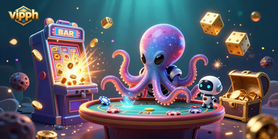 Play poker with vipph in an offbeat galactic adventure featuring a cartoon alien octopus.