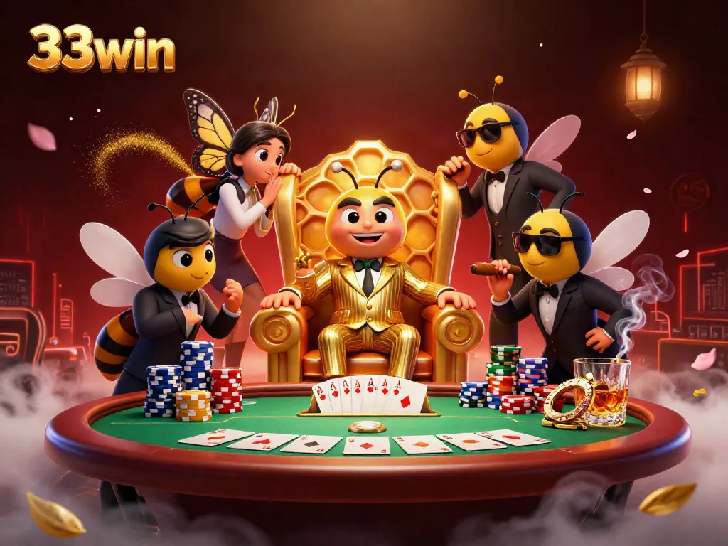 Experience the excitement of 33win with a bumblebee mob boss orchestrating a vibrant casino scene full of poker games and action.