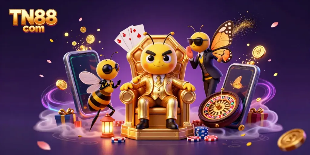 Experience thrilling gaming action with TN88 com featuring a boss bee in a casino throne surrounded by games.