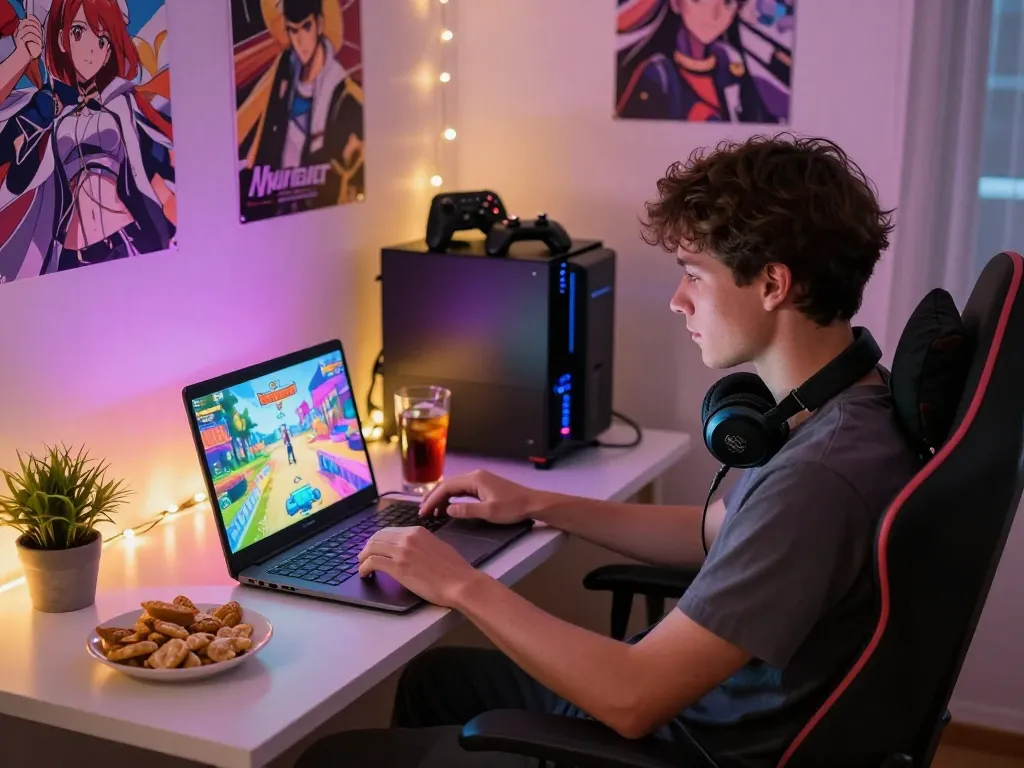 Player engrossed in a hentai game on his laptop in a cozy gaming setup.