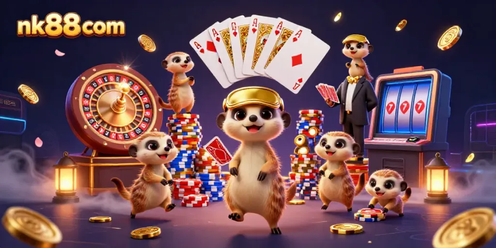 Enjoy an energetic casino scene with meerkats and sparkling gold at nk88 com.