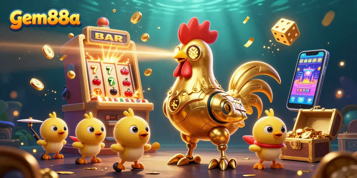 Gem88a showcases a golden rooster robot and chick drones in a vibrant casino scene filled with jackpots.