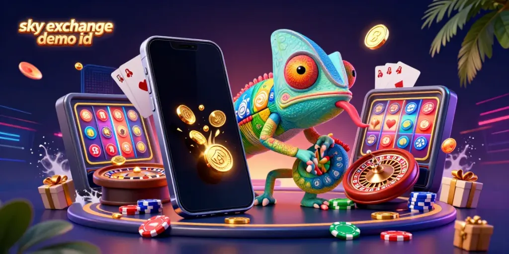 Engage with the thrilling sky exchange demo id scene featuring a colorful chameleon casino owner amidst vibrant casino elements.