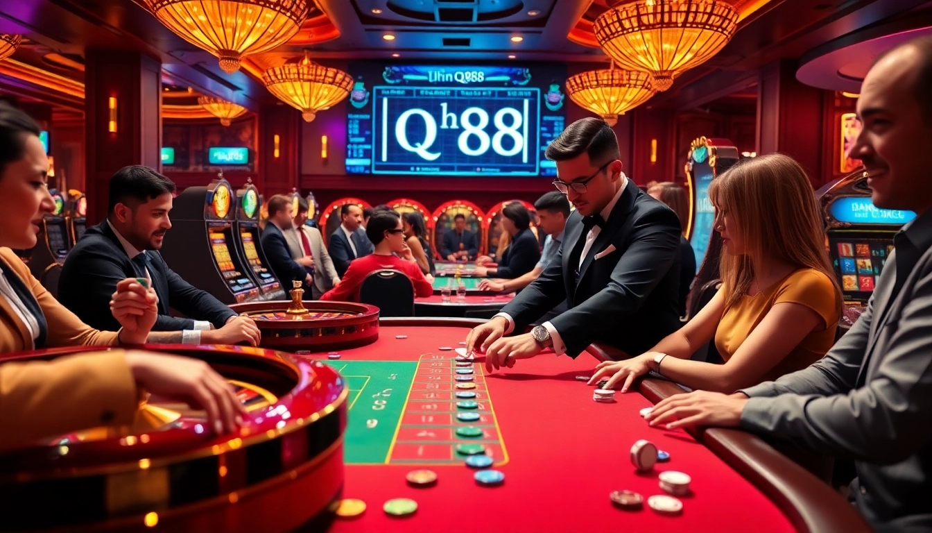Gamblers at the qh88 poker table engage in a thrilling game, showcasing excitement and strategy.