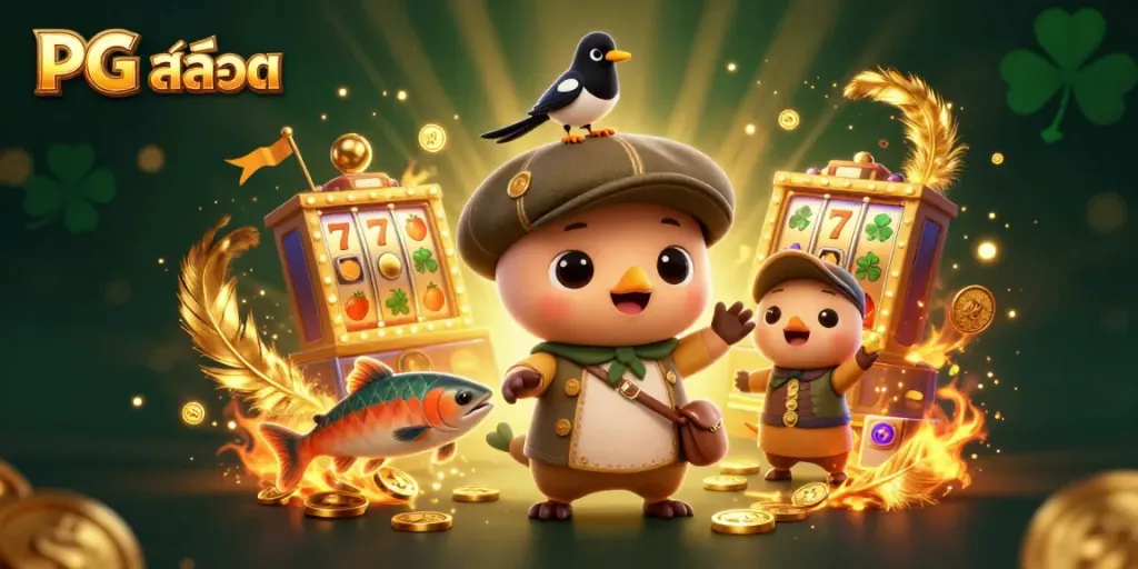 Playful scene with Nessie, a magpie, and tartan salmon amid gold coins and slot elements in this PG สล็อต digital illustration.