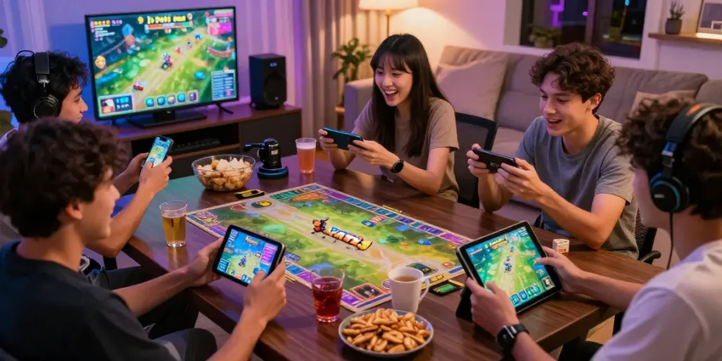 Group of friends enjoying 3 Patti no1 card game on smartphones in a vibrant living room atmosphere.