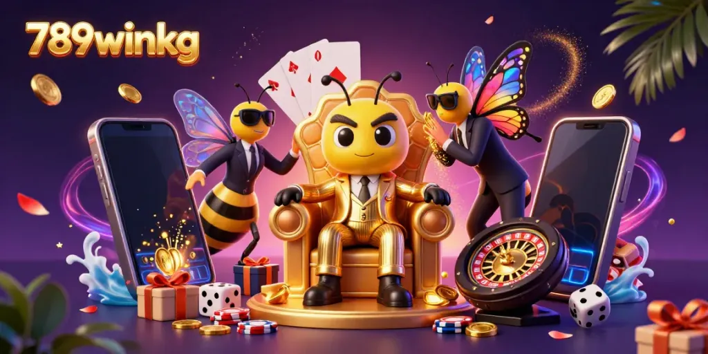Watch the bumblebee mob boss of 789winkg preside over thrilling casino games in a striking 3D scene.