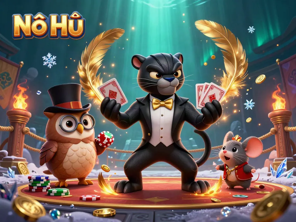 Nổ Hũ engages players in a vibrant 3D casino scene with a stylish black panther dealer.