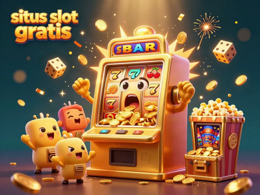Experience situs slot gratis excitement with a golden slot machine hitting a jackpot, splashed with coins.