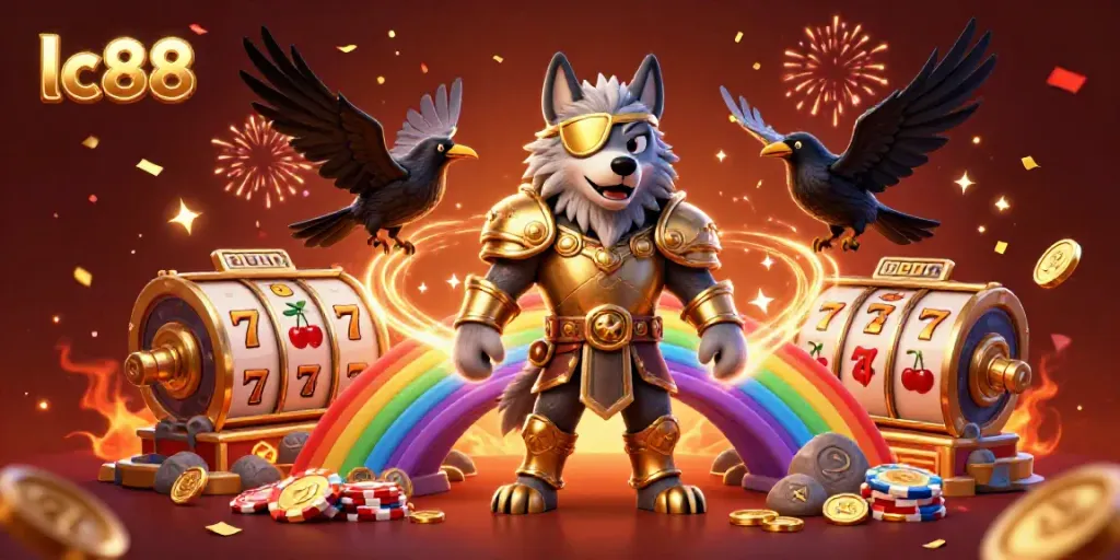 Spin the reels of luck with the lc88 Norse-themed casino scene bursting with energy and excitement.