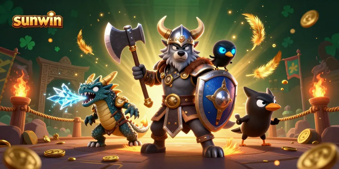 Experience thrilling gameplay with sunwin's 3D Viking warrior and mythical creatures in a dynamic casino scene.