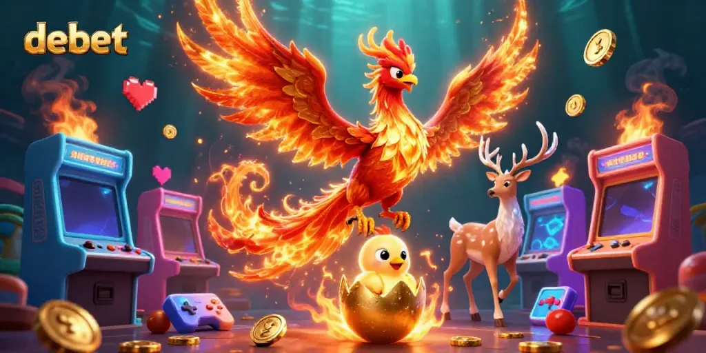 Engage in exciting gameplay with the debet casino's vibrant 3D illustration featuring a fire phoenix and mystical stag.