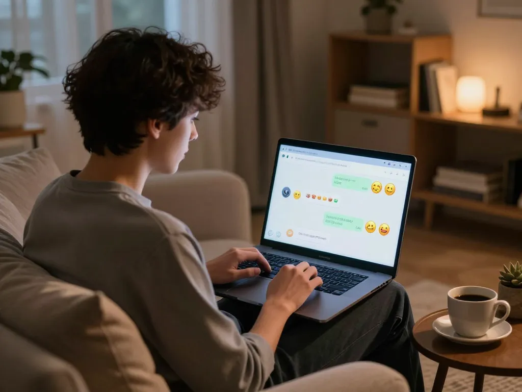 An engaging scene of a user enjoying free ai sex chat with a digital companion on a laptop, cozy setting, and warm lighting.