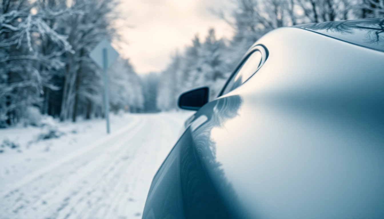 PPF winter road salt protection on a sleek vehicle in a snowy setting.