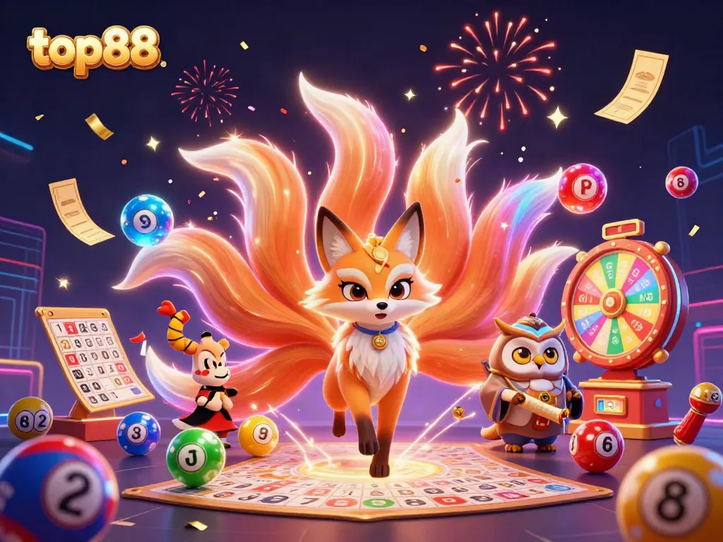 Experience the excitement of top88 with a magical scene featuring colorful lottery elements and vibrant characters.