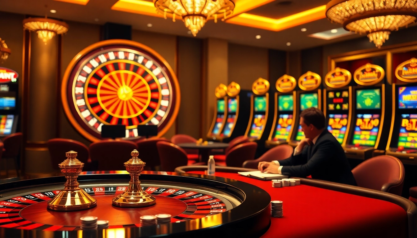 Experience thrilling gambling at https://cm88.bio/ with a vivid casino scene featuring a roulette wheel and poker table.