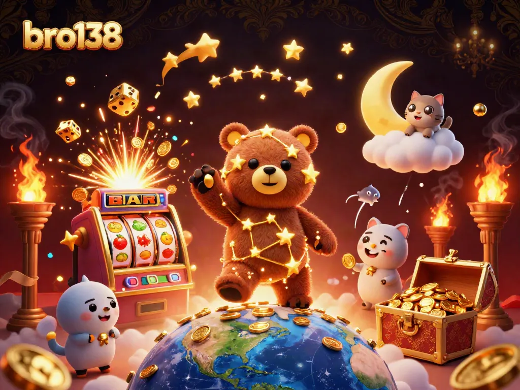 Experience thrilling wins at bro138 with a constellation bear scooping up coins from a jackpot slot machine.