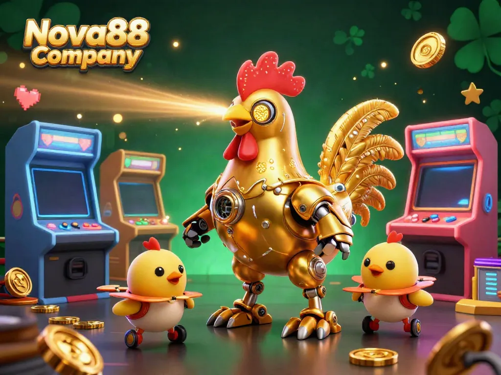 Engage with Nova88 Company through a vibrant 3D casino experience featuring an animated rooster robot and arcade elements.