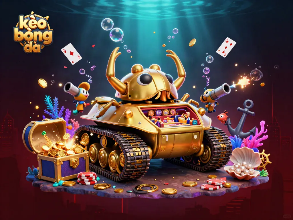 Engaging scene showing kèo bóng đá with a golden beetle tank revealing a casino, surrounded by treasure.