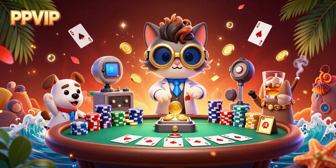 Engage with PPVIP's vibrant gaming scene featuring a mad scientist cat and playful dog amidst casino elements.