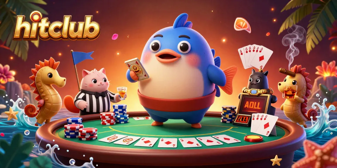 Engaging scene of hitclub with a cartoon fugu blowfish and vibrant poker elements in a lively underwater casino setting.