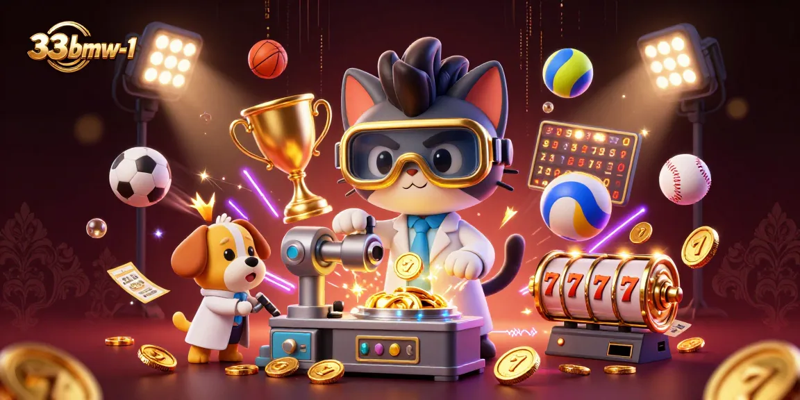 Engage in thrilling gaming at 33bmw-1 with a vibrant scene of a mad scientist cat and dog amidst dynamic sports elements.
