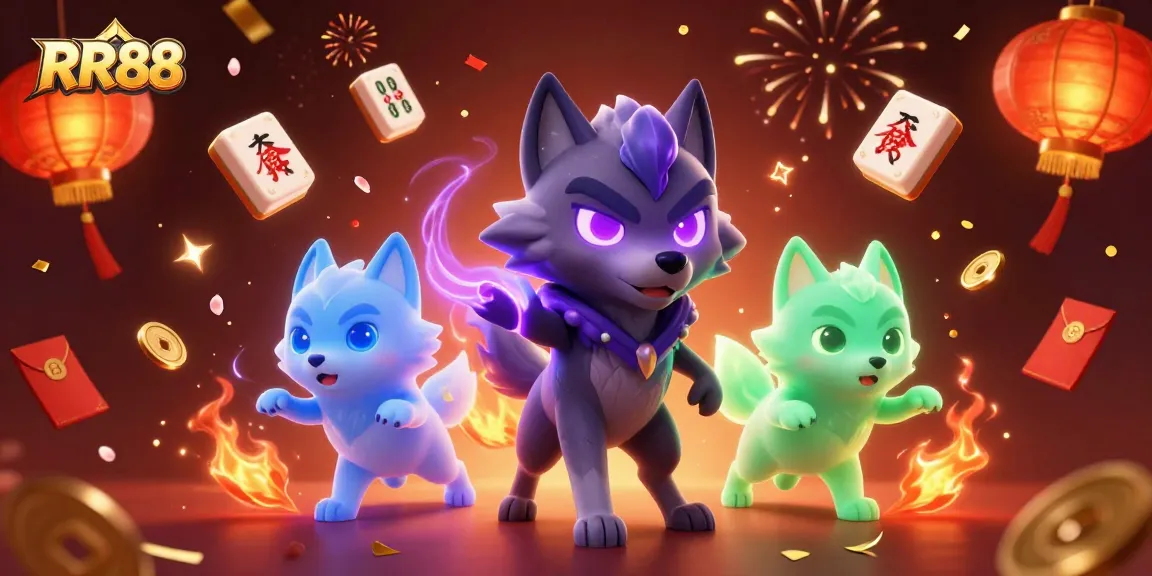 RR88 captivates players with a dynamic illustration featuring spectral wolf companions amidst vibrant casino elements.