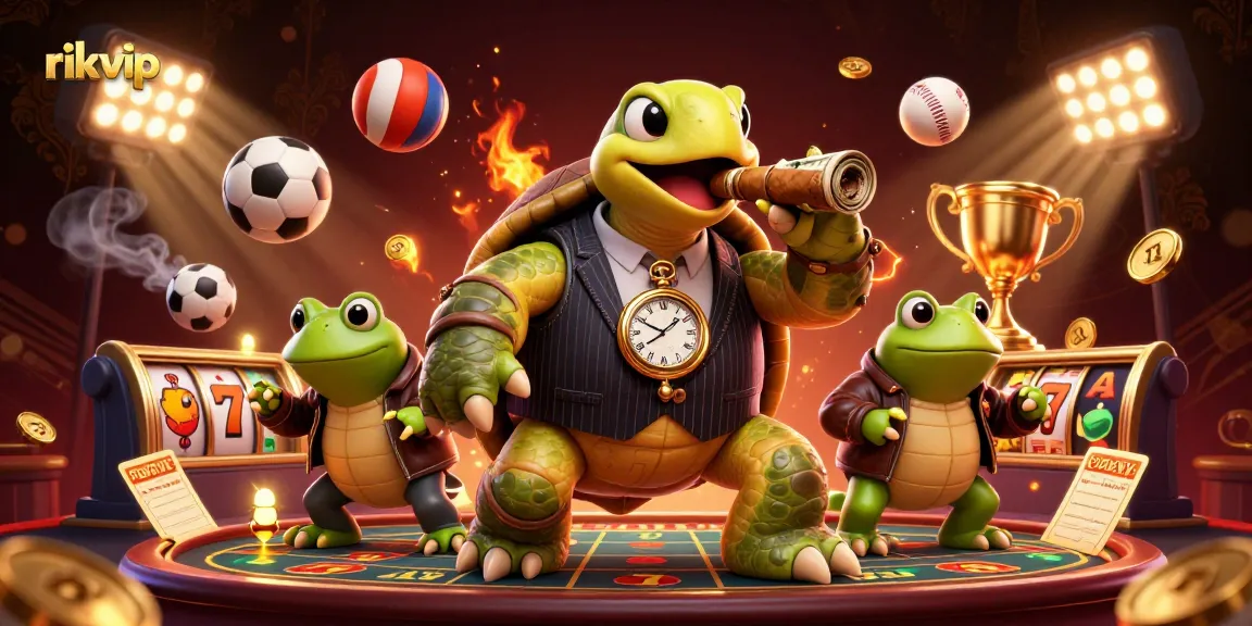 Experience the excitement of rikvip with this detailed casino illustration of a snapping turtle and bullfrog enforcers.