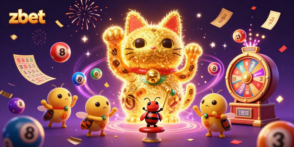 Zbet features a vibrant lucky cat made of fireflies amidst colorful casino elements, showcasing dynamic online gaming excitement.