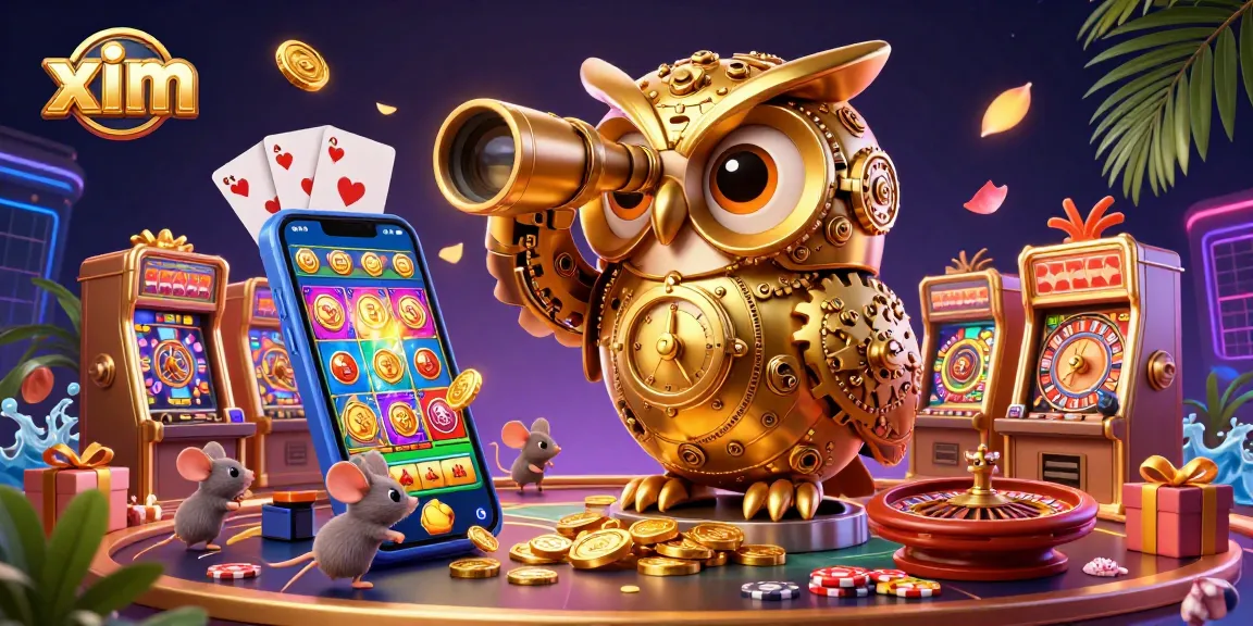 Xim casino scene featuring a mechanical owl and animated mice amidst vibrant slot games.