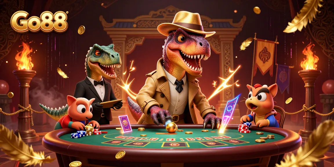 Engage with Go88 in a thrilling casino scene featuring a velociraptor card counter at a blackjack table.