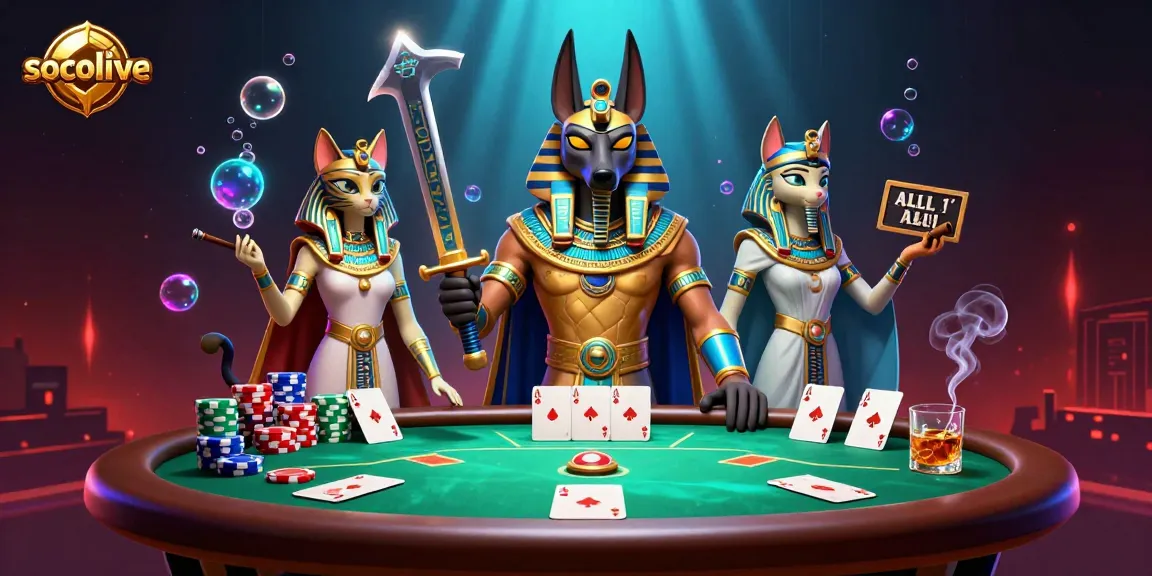 Socolive sports streaming Anubis and Bastet characters among colorful poker elements in a dynamic scene.