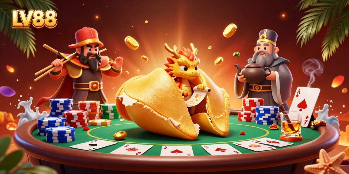 Engage with LV88's vibrant casino scene featuring a golden fortune cookie and a wise dragon.