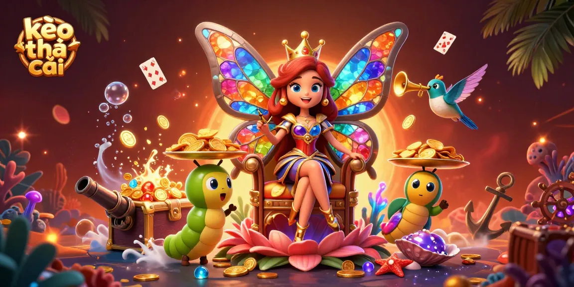 Engage with kèo nhà cái through a vibrant illustration showcasing a colorful butterfly queen, chips, and casino elements.