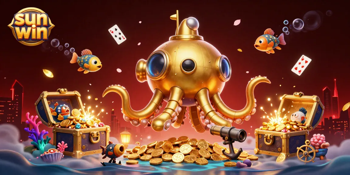 Experience dynamic gaming with sun win as a golden kraken submarine rises from coins surrounded by colorful game elements.