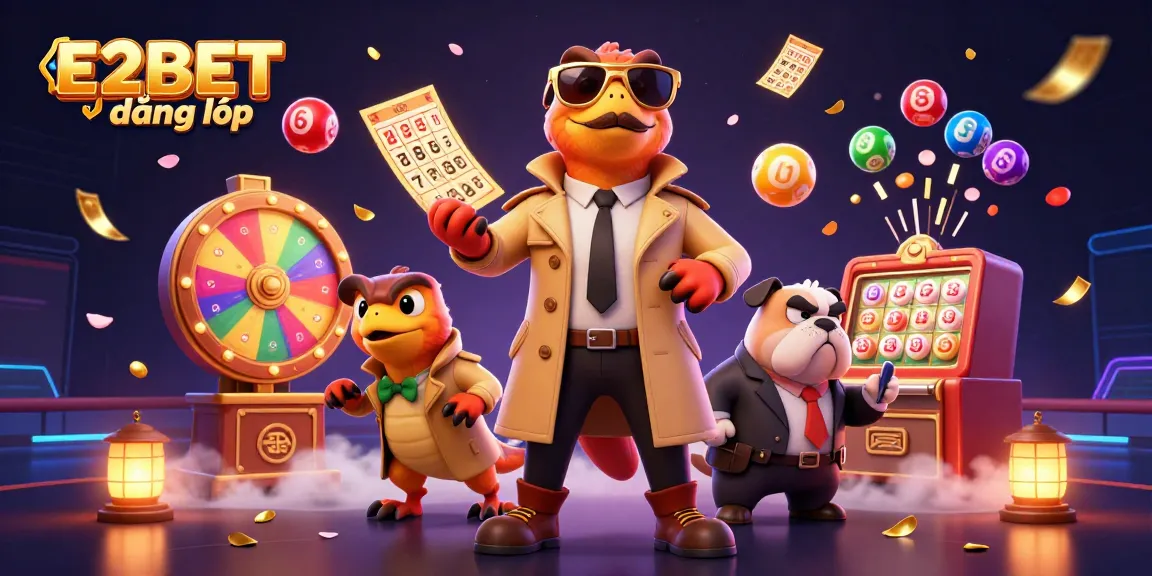 E2BET đăng nhập offers a vibrant scene with raptors and gaming elements, featuring lottery balls and a bouncer.