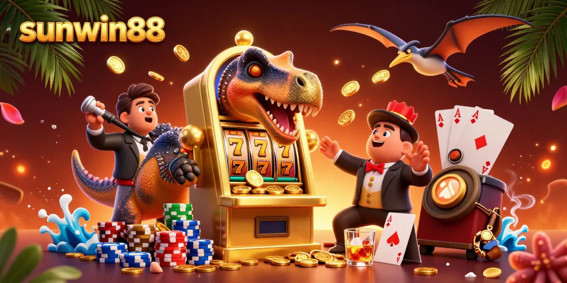Experience thrilling slot wins with sunwin88 as dinosaurs join the fun in this vibrant casino scene.